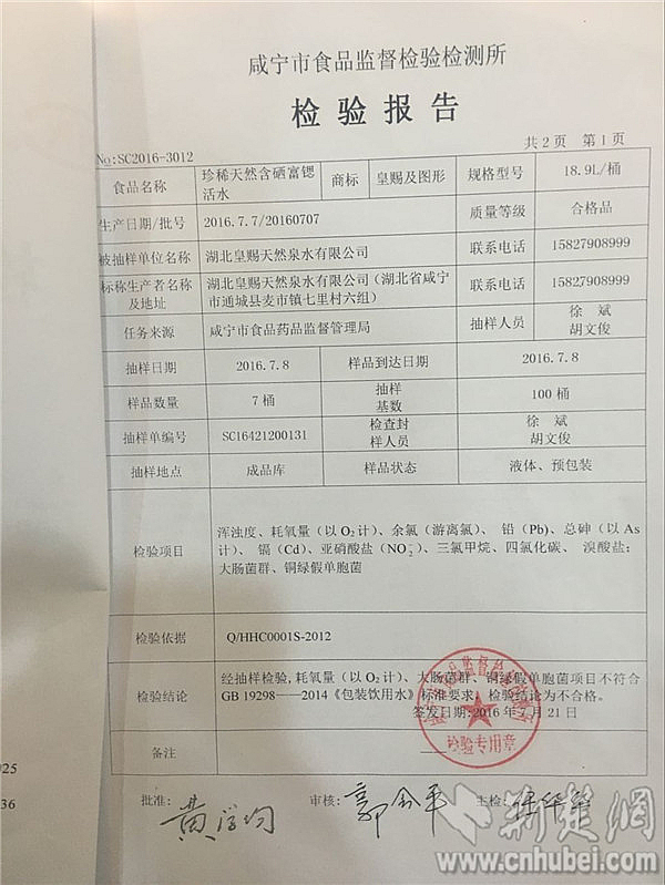 1咸寧市食品監(jiān)督檢驗檢測所發(fā)布的檢驗報告顯示皇賜桶裝飲用水耗氧量、大腸菌群、銅綠假單胞菌超標(biāo)_副本.jpg